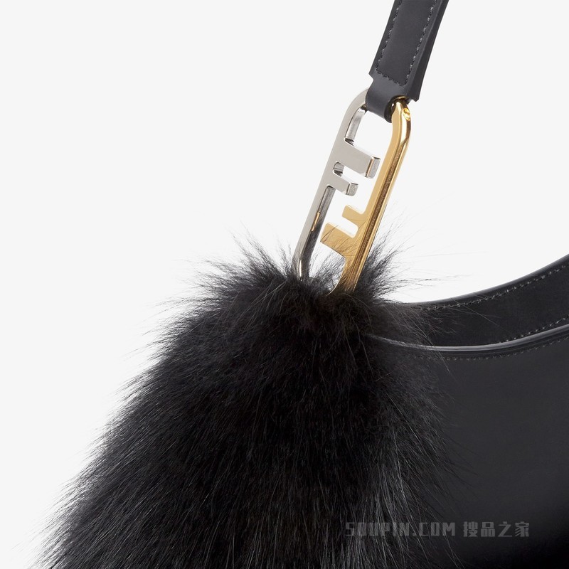 Fendi O'Lock Swing 黑色狐狸皮草和皮革手拿包