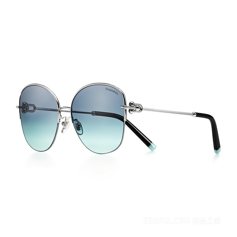Tiffany HardWear 系列蓝色镜片银色金属镜框太阳镜