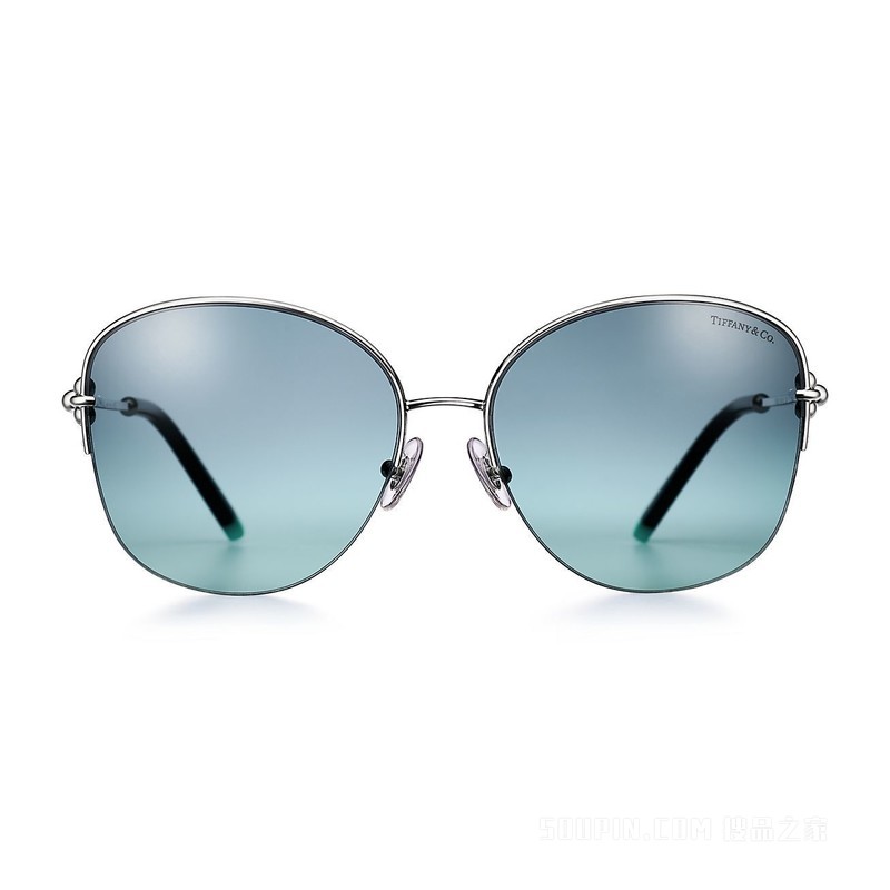 Tiffany HardWear 系列蓝色镜片银色金属镜框太阳镜