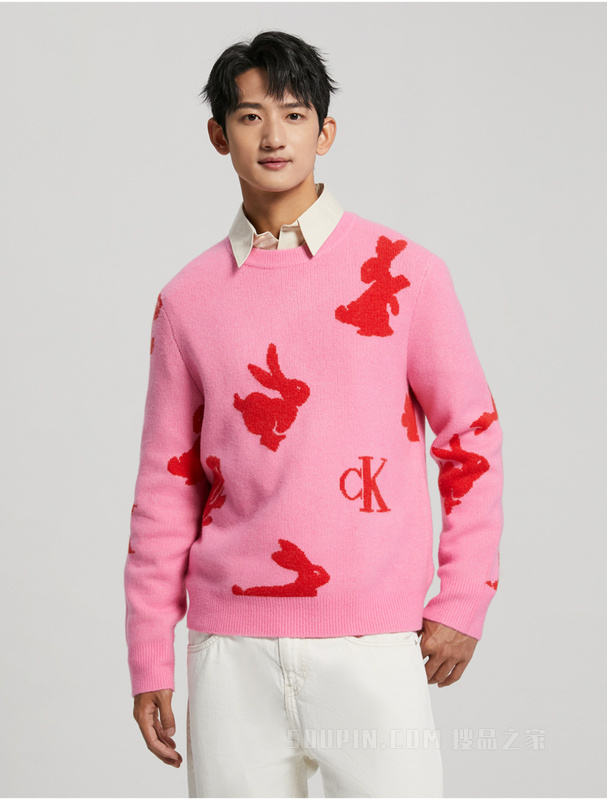 【兔年限定】Calvin Klein 23春季男女同款兔子提花针织衫毛衣J400229