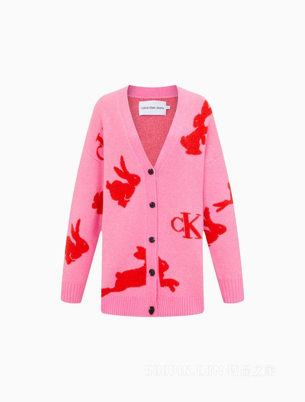 【兔年限定】Calvin Klein 23春季女士兔子提花纽扣V领开衫毛衣J220957