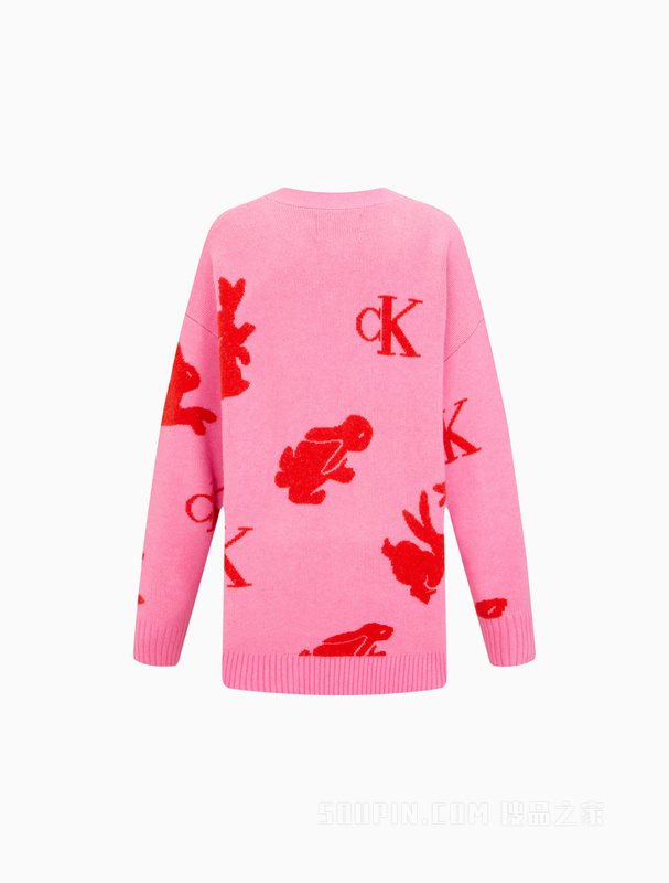【兔年限定】Calvin Klein 23春季女士兔子提花纽扣V领开衫毛衣J220957