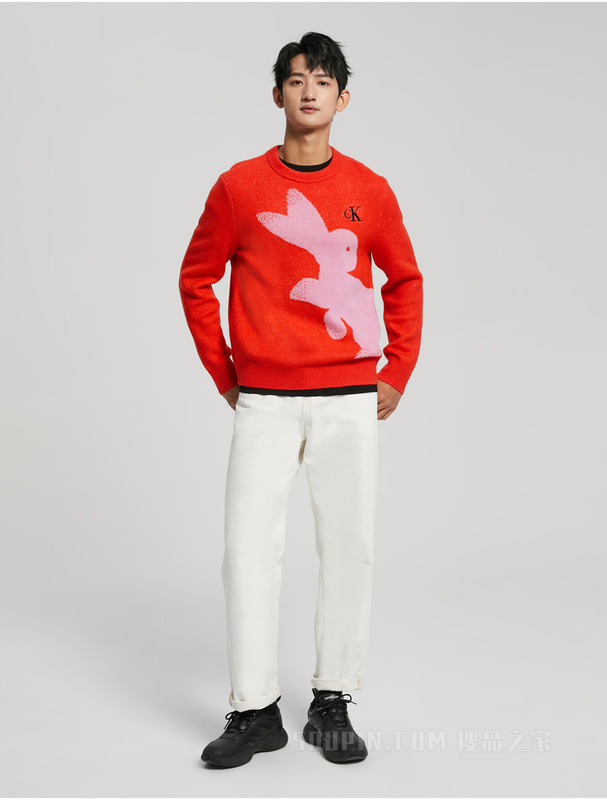 【兔年限定】Calvin Klein 23春男女同款白色兔子图案圆领毛衣J400230
