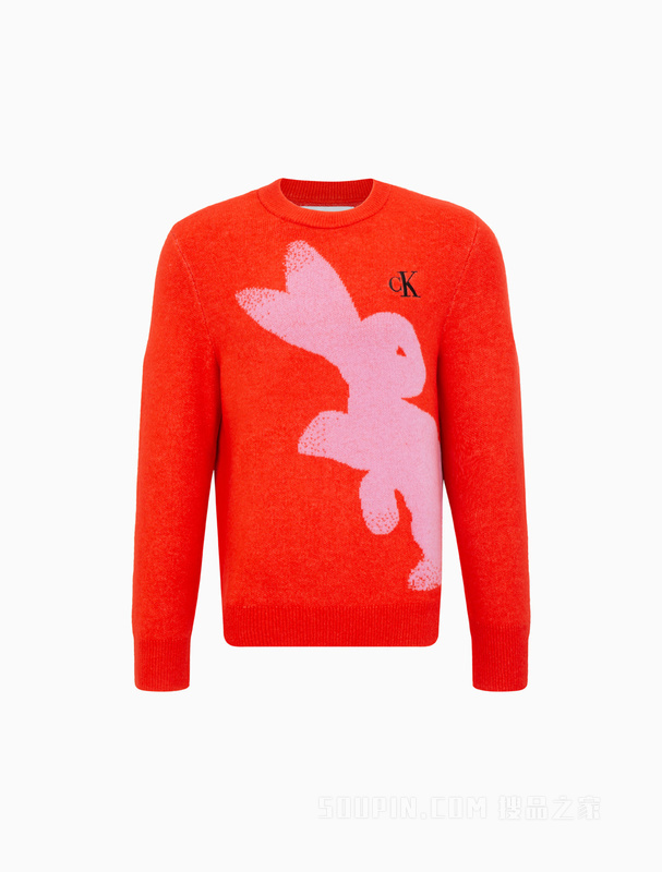 【兔年限定】Calvin Klein 23春男女同款白色兔子图案圆领毛衣J400230