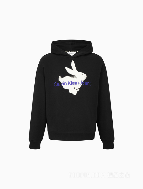 【兔年限定】Calvin Klein 23春男女情侣中性纯棉印花连帽卫衣J400227