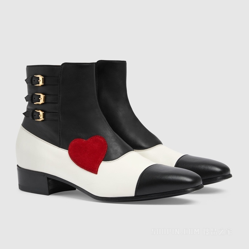 Gucci HA HA HA特别系列饰搭扣短靴 黑色和米白色