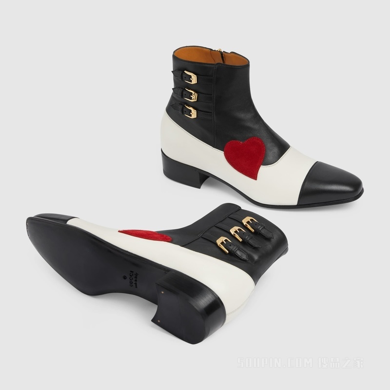 Gucci HA HA HA特别系列饰搭扣短靴 黑色和米白色