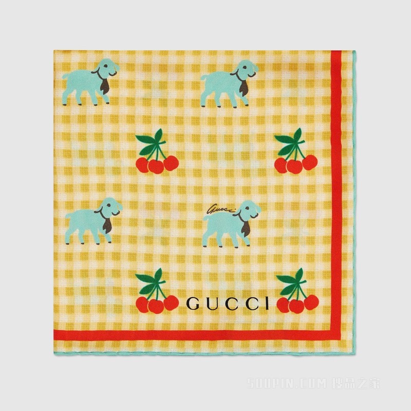 Gucci HA HA HA特别系列真丝口袋方巾 象牙白和黄色