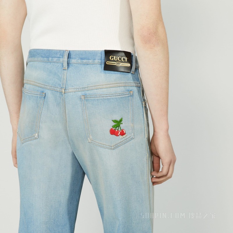 Gucci HA HA HA特别系列樱桃牛仔裤 浅蓝色