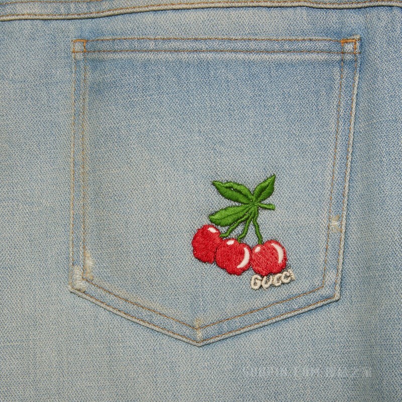 Gucci HA HA HA特别系列樱桃牛仔裤 浅蓝色