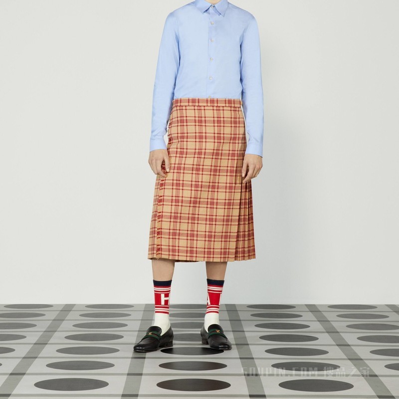 Gucci HA HA HA特别系列格纹苏格兰半身裙 驼色和红色