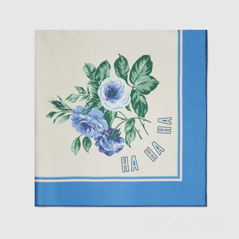 Gucci HA HA HA特别系列花朵印花真丝围巾 象牙白色和天蓝色