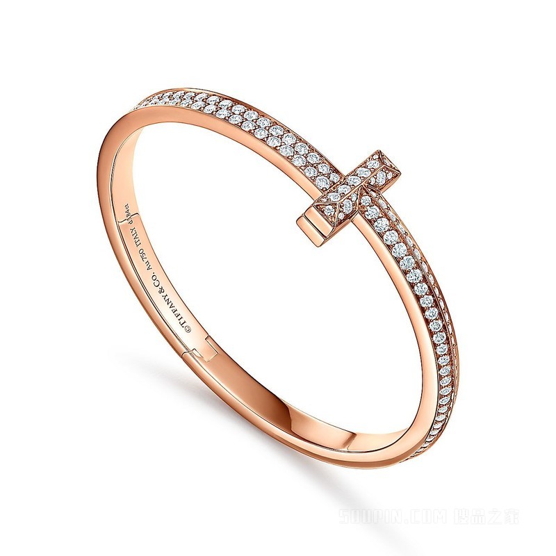 Tiffany T1 系列 18K 玫瑰金镶钻宽式手镯，小号。