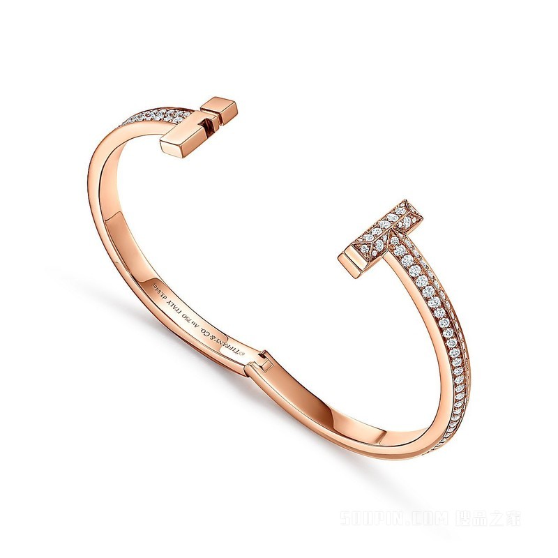 Tiffany T1 系列 18K 玫瑰金镶钻宽式手镯，小号。