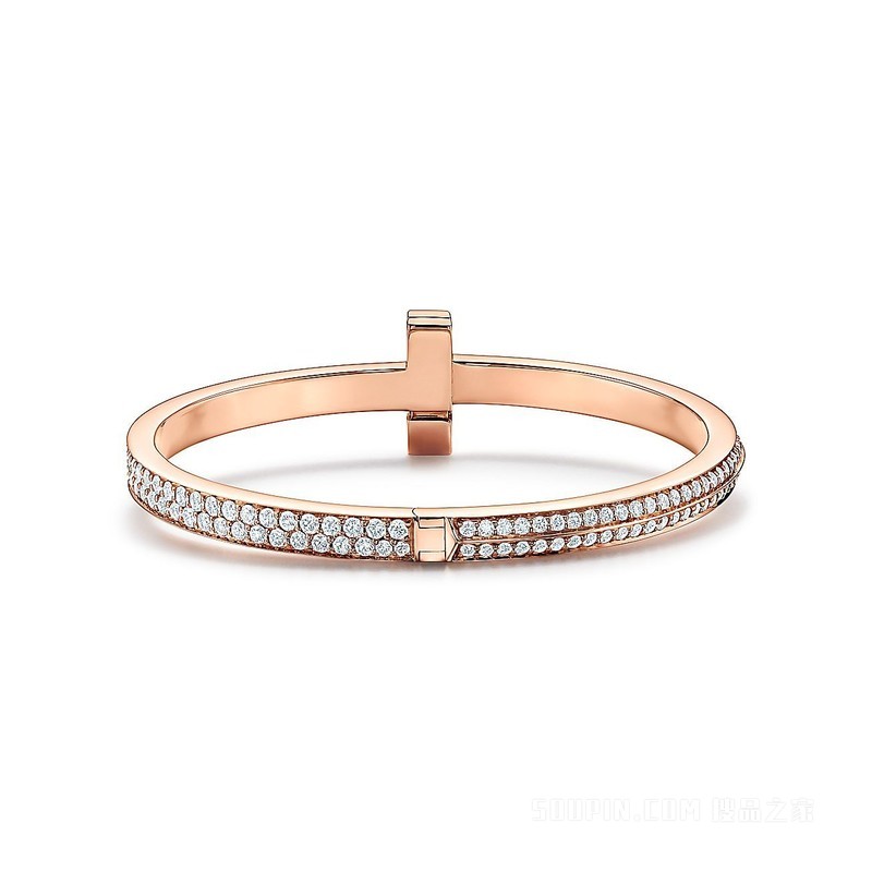 Tiffany T1 系列 18K 玫瑰金镶钻宽式手镯，小号。