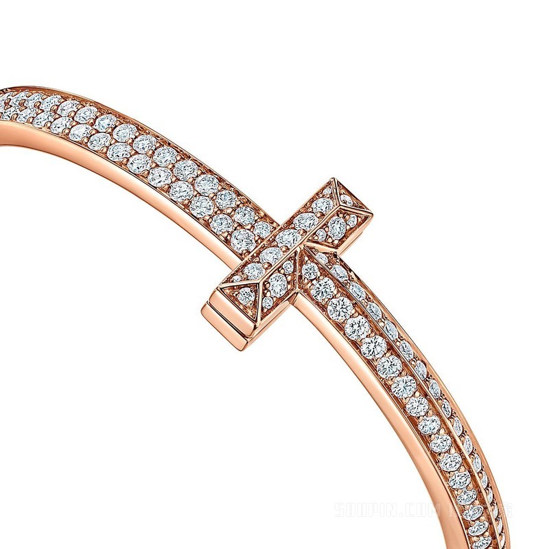 Tiffany T1 系列 18K 玫瑰金镶钻宽式手镯，小号。