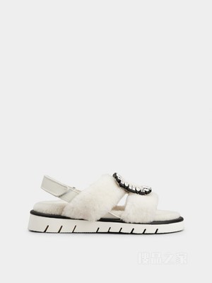 Viv' Winter Fur钻扣绵羊毛凉鞋 白色