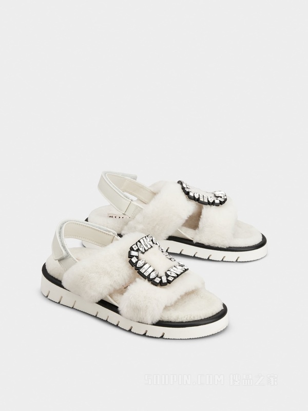Viv' Winter Fur钻扣绵羊毛凉鞋 白色