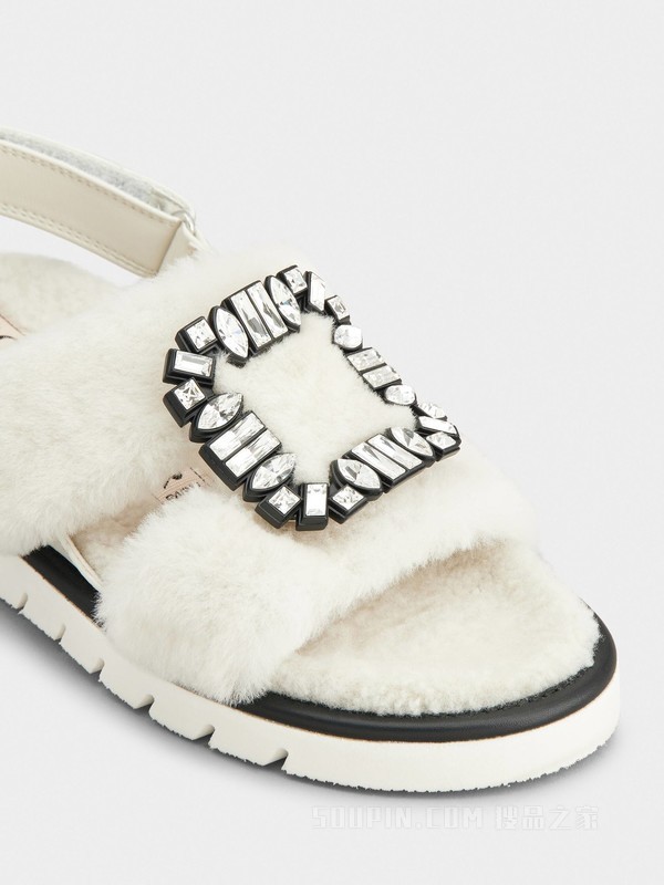 Viv' Winter Fur钻扣绵羊毛凉鞋 白色