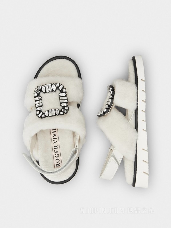 Viv' Winter Fur钻扣绵羊毛凉鞋 白色