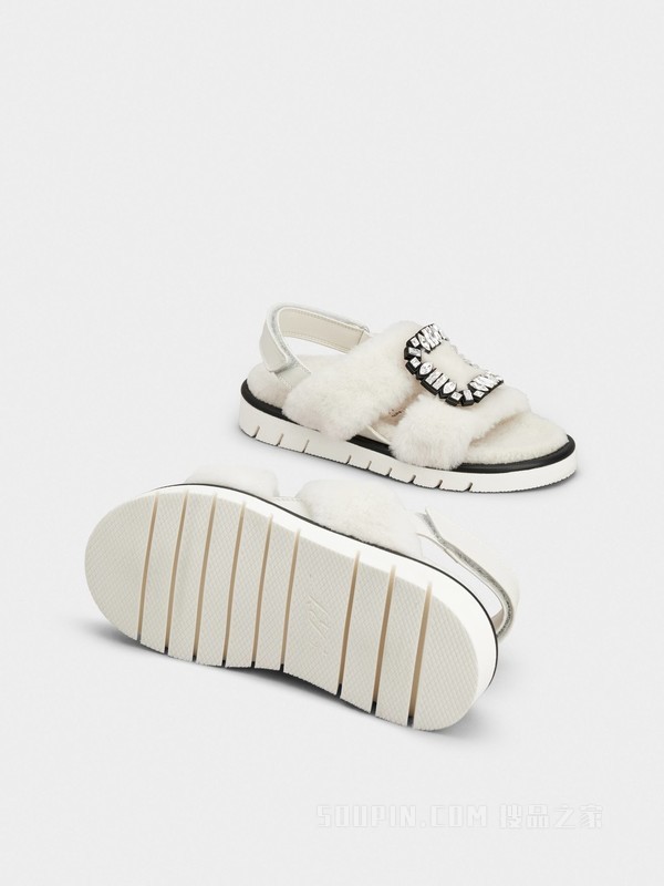 Viv' Winter Fur钻扣绵羊毛凉鞋 白色