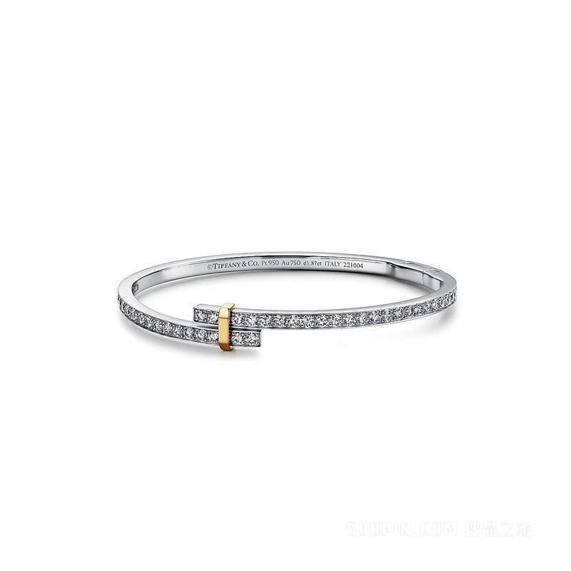 Tiffany Edge 系列铂金与 18K 黄金镶钻铰链环绕式手镯