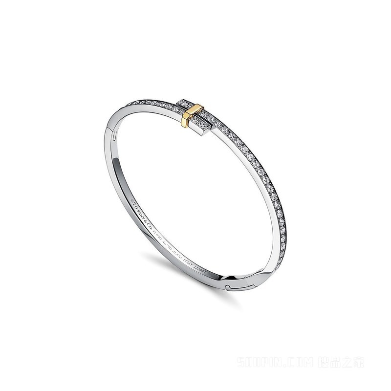Tiffany Edge 系列铂金与 18K 黄金镶钻铰链环绕式手镯