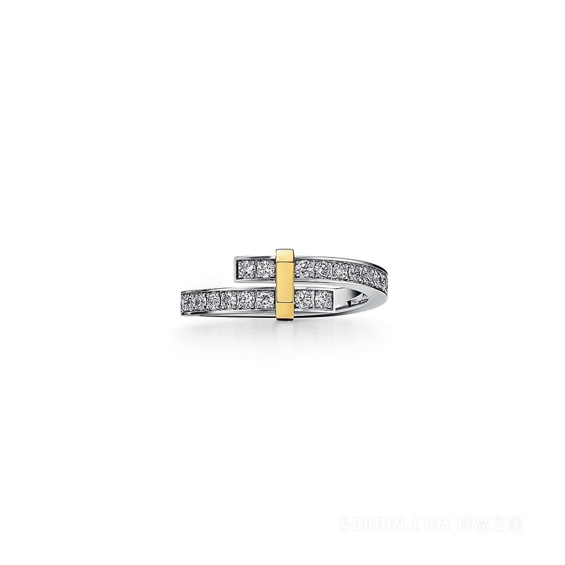 Tiffany Edge 系列铂金与 18K 黄金镶钻环绕式戒指，窄式
