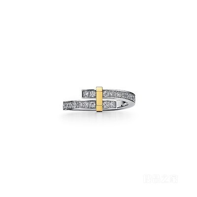 Tiffany Edge 系列铂金与 18K 黄金镶钻环绕式戒指，窄式