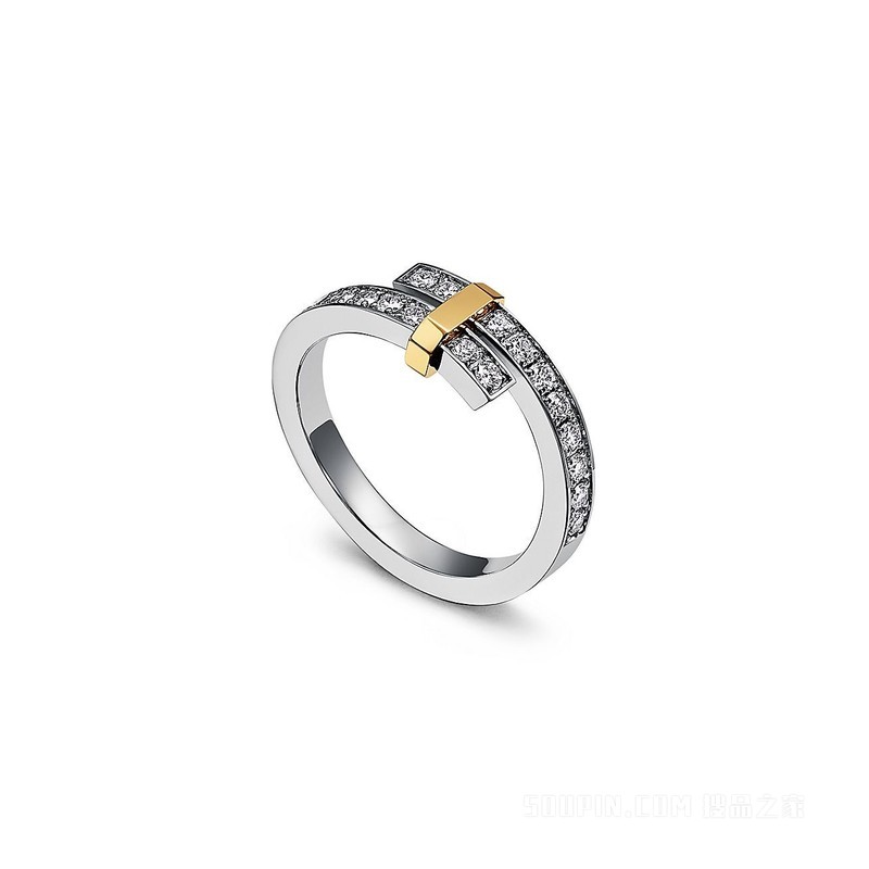 Tiffany Edge 系列铂金与 18K 黄金镶钻环绕式戒指，窄式