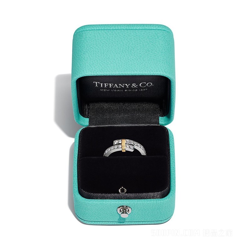 Tiffany Edge 系列铂金与 18K 黄金镶钻环绕式戒指，窄式