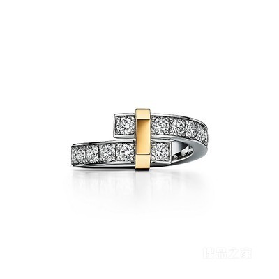 Tiffany Edge 系列铂金与 18K 黄金镶钻环绕式戒指，宽式