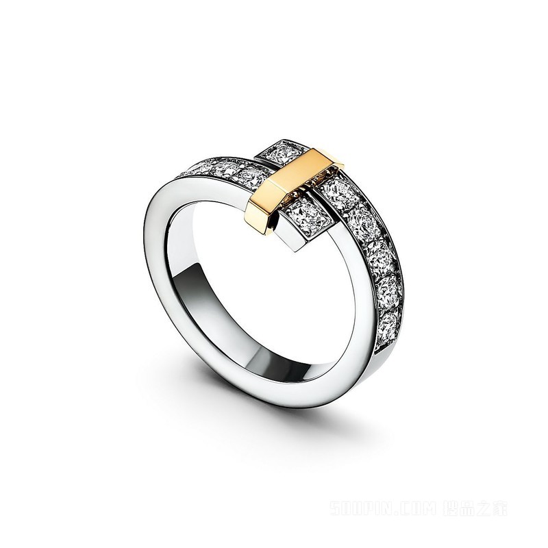 Tiffany Edge 系列铂金与 18K 黄金镶钻环绕式戒指，宽式