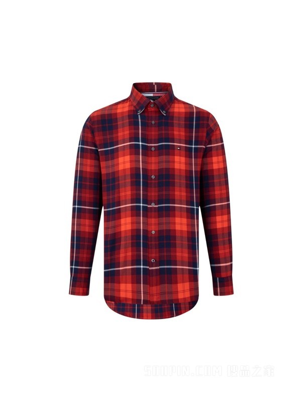 23新款早春男装纯棉休闲拼色格纹尖角扣长袖衬衫MW0MW29185