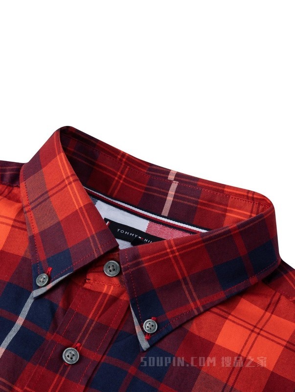 23新款早春男装纯棉休闲拼色格纹尖角扣长袖衬衫MW0MW29185