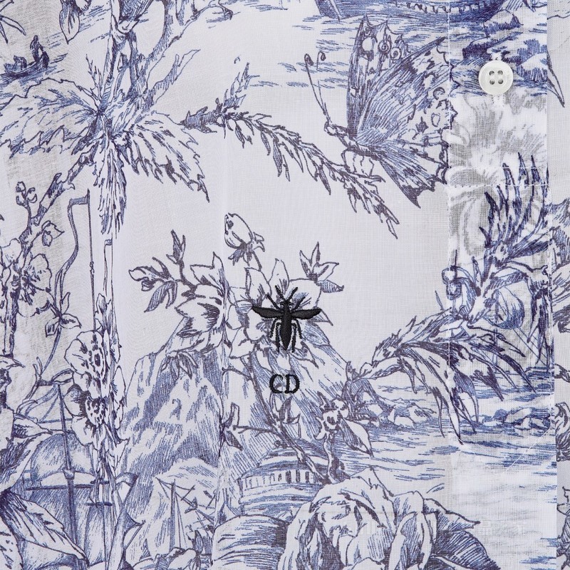 长款衬衫 蓝色和白色棉质薄纱 Vessel 茹伊印花图案