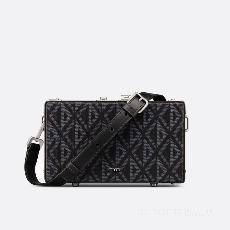 Dior Lock 迷你箱形信使包（附肩带） 黑色帆布和光滑牛皮革 CD Diamond 图案