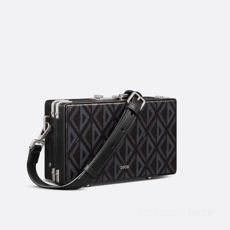 Dior Lock 迷你箱形信使包（附肩带） 黑色帆布和光滑牛皮革 CD Diamond 图案