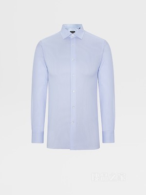 白色配浅蓝色 Trofeo™ 600 棉及桑蚕丝混纺细条纹长袖精裁衬衫