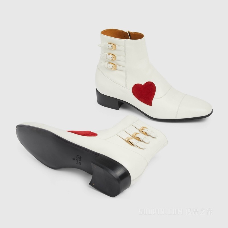 Gucci HA HA HA特别系列饰搭扣短靴 米白色皮革