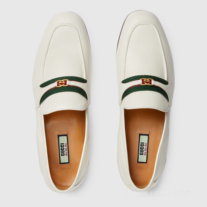 Gucci HA HA HA特别系列饰互扣式双G乐福鞋 米白色皮革