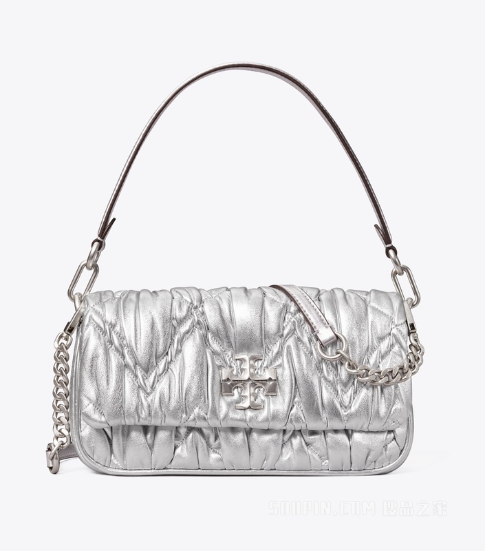 Kira 小号菱形褶裥金属亮面翻盖肩背包 银色