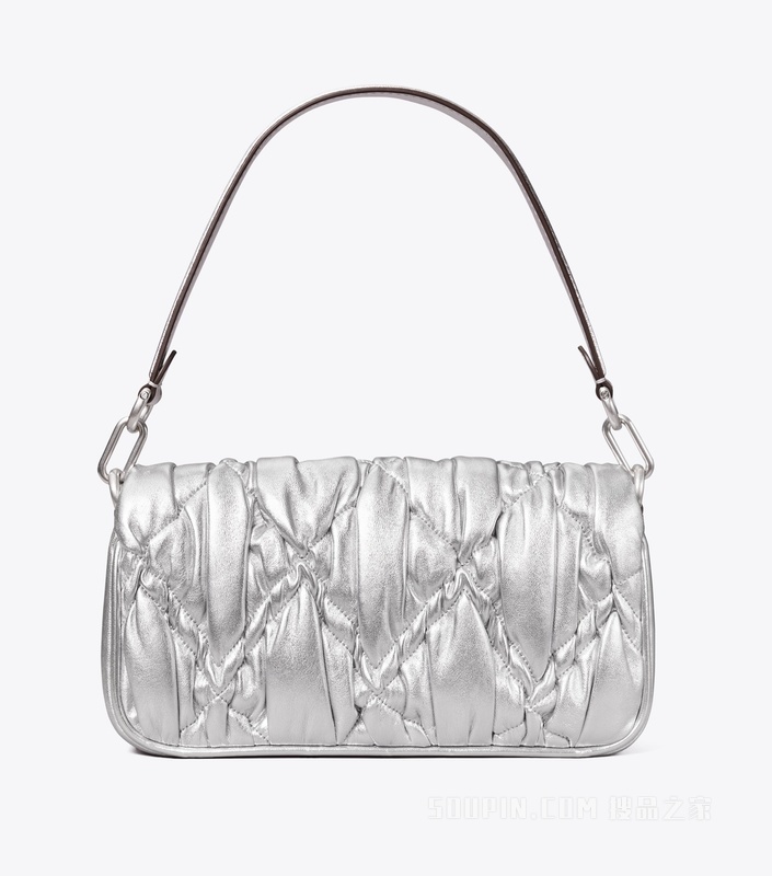 Kira 小号菱形褶裥金属亮面翻盖肩背包 银色