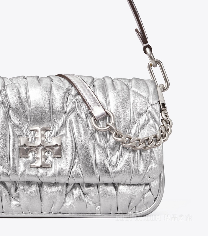 Kira 小号菱形褶裥金属亮面翻盖肩背包 银色