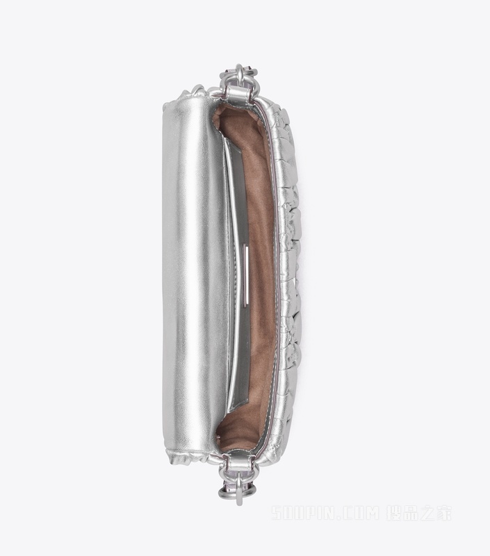 Kira 小号菱形褶裥金属亮面翻盖肩背包 银色