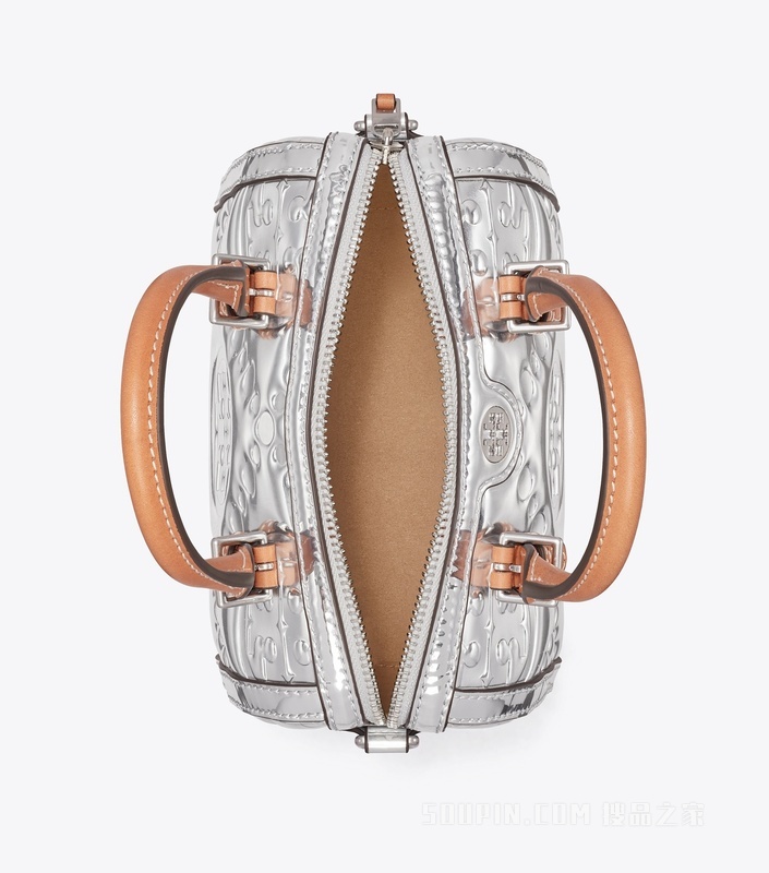 T Monogram 迷你压花金属亮面酒桶包 银色