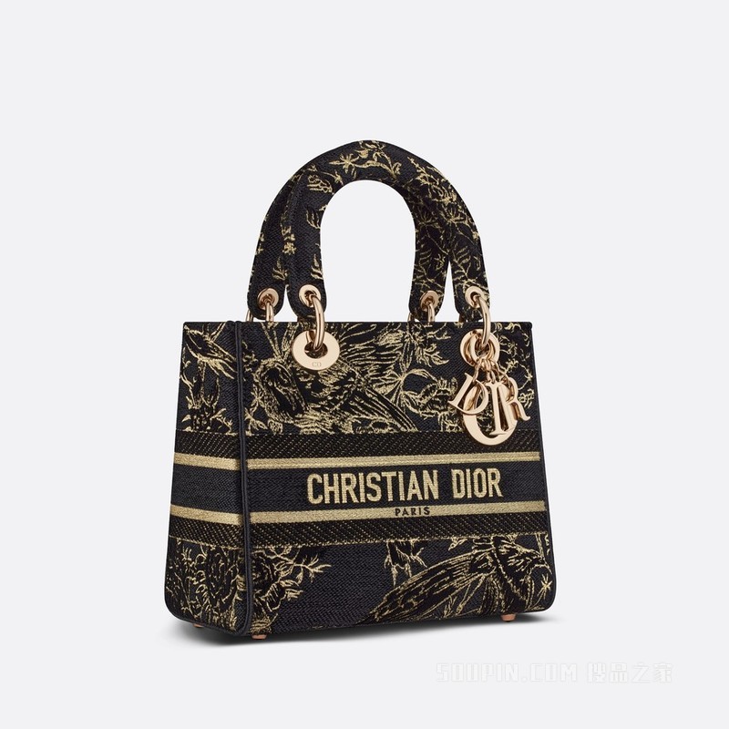 中号 Lady D-Lite 手袋 黑色棉质面料多色 Dior Jardin d'Hiver 图案刺绣天鹅绒和金属光泽线装饰