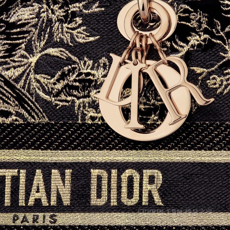 中号 Lady D-Lite 手袋 黑色棉质面料多色 Dior Jardin d'Hiver 图案刺绣天鹅绒和金属光泽线装饰
