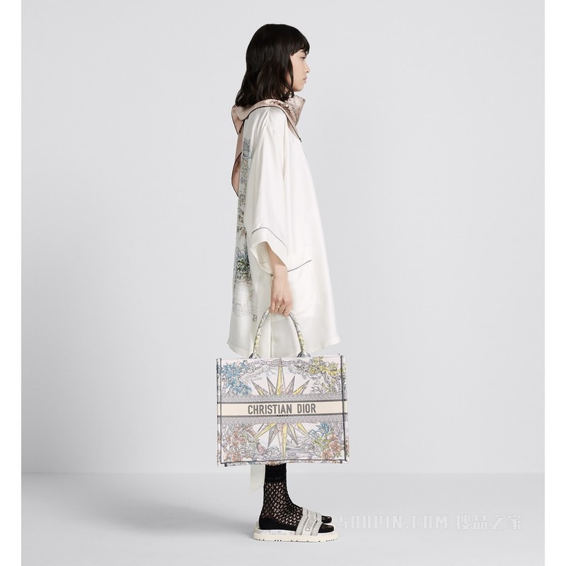 大号 Book Tote 手袋 白色面料多色 Rêve d'Infini 图案刺绣 (42 x 35 x 18.5 cm)