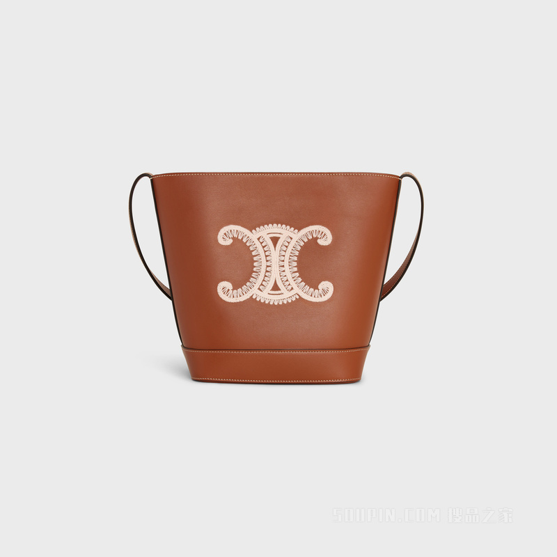 BUCKET TRIOMPHE小号光滑牛皮革TRIOMPHE刺绣水桶包 23879
